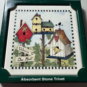 Stone Art Absorbent Stone Trivet One Size White Green Birdhouse